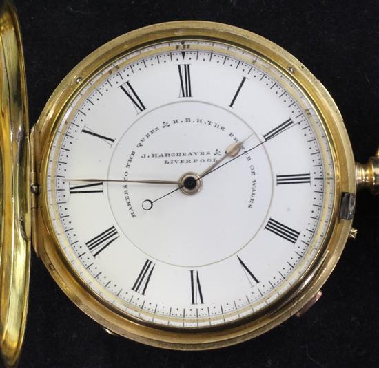 A late Victorian 18ct gold keyless lever hunter chronograph pocket watch by J. Hargreaves & Co,